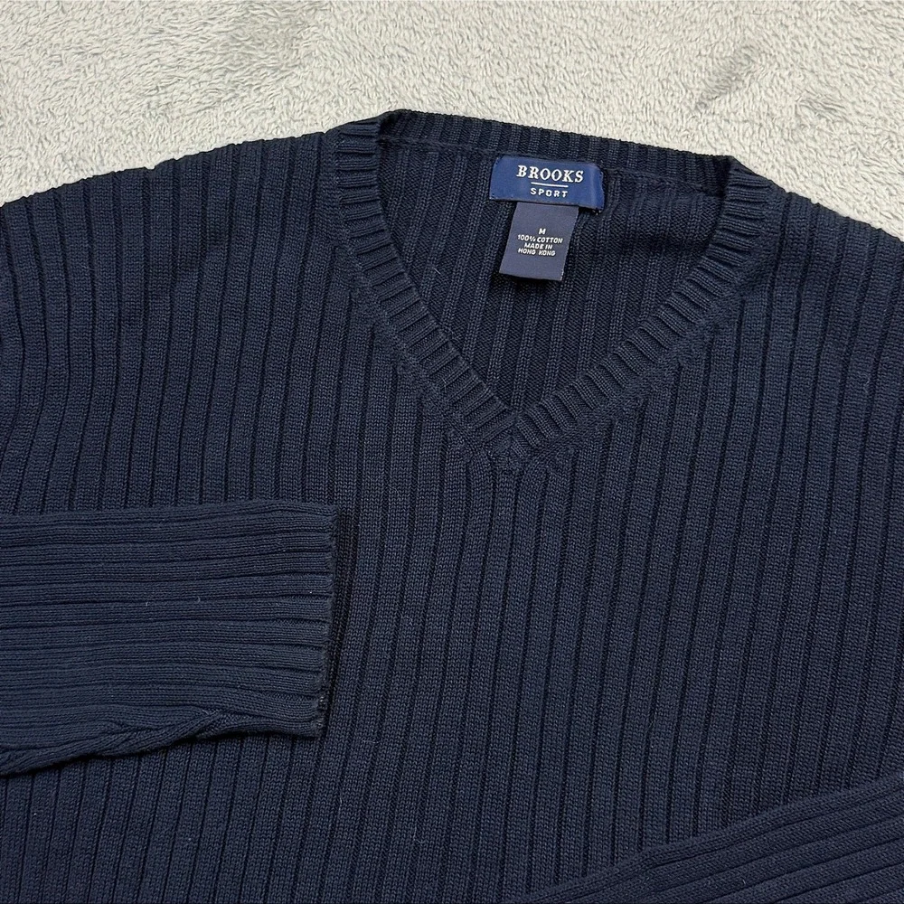 Brooks Sport Mens Navy Blue Ribbed V-Neck Cotton Sweater Size Med Long Sleeve